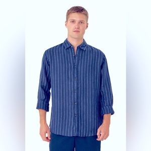 Massimo Dutti button down size XL Long Sleeve Shirt Navy white stripes collar*